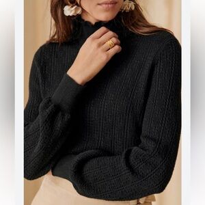 Sezane Rosalia Merino Wool Jumper Sweater Mock Neck Puff Sleeve Medium Black